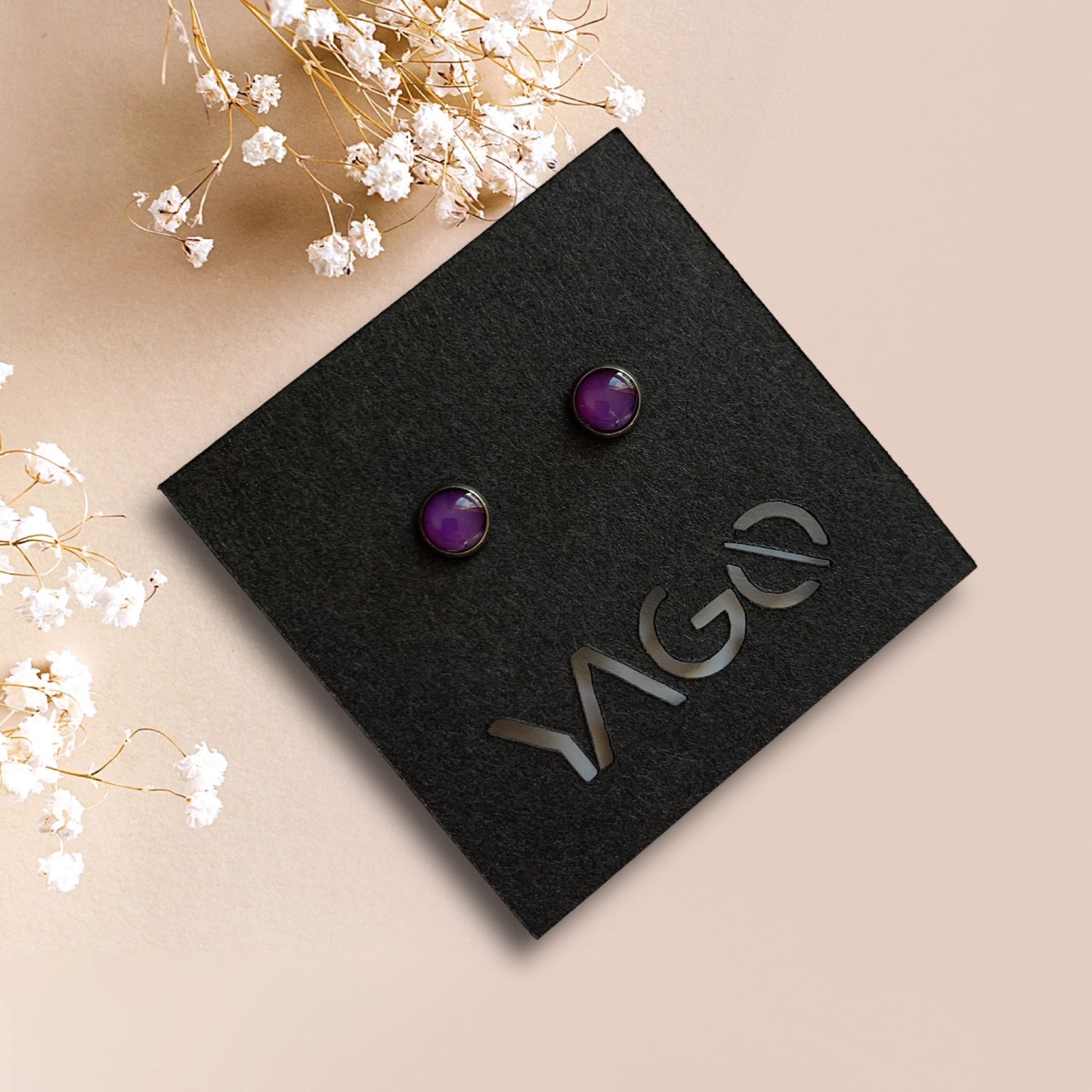 Handmade sustainable small studs purple artesian eco friendly recycled plastic