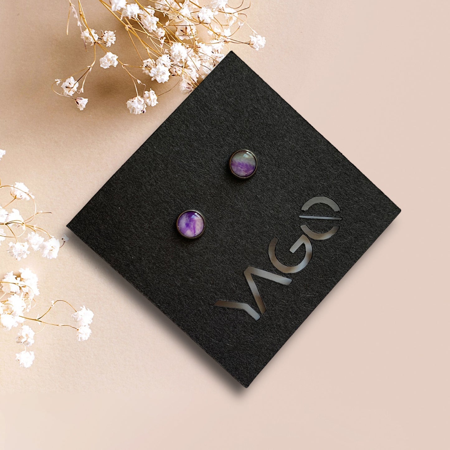 Handmade sustainable small studs purple artesian eco friendly recycled plastic