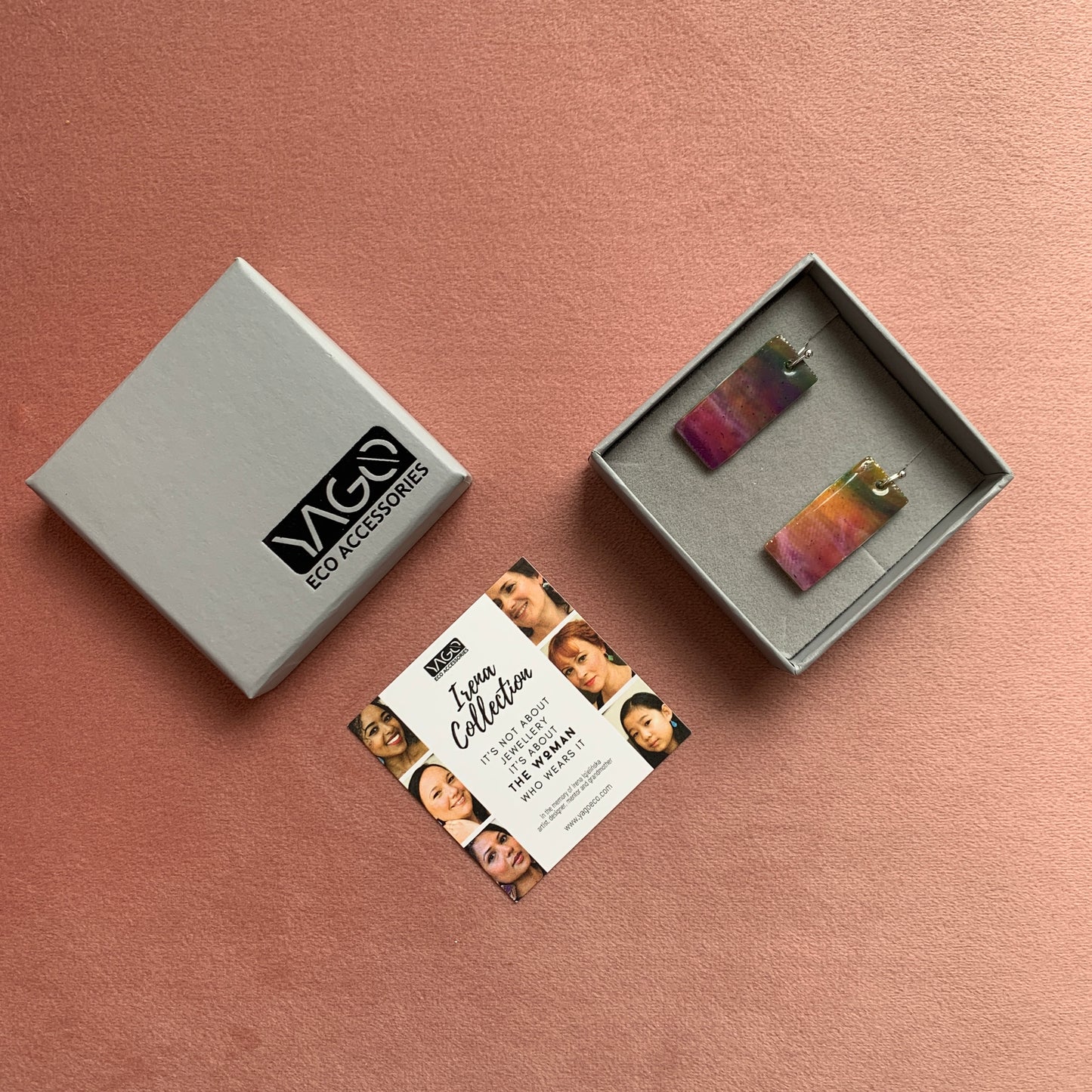 Rectangle dangling drop earrings handmade from recycled plastic purple silver yellow pink artesian eco friendly crocuses