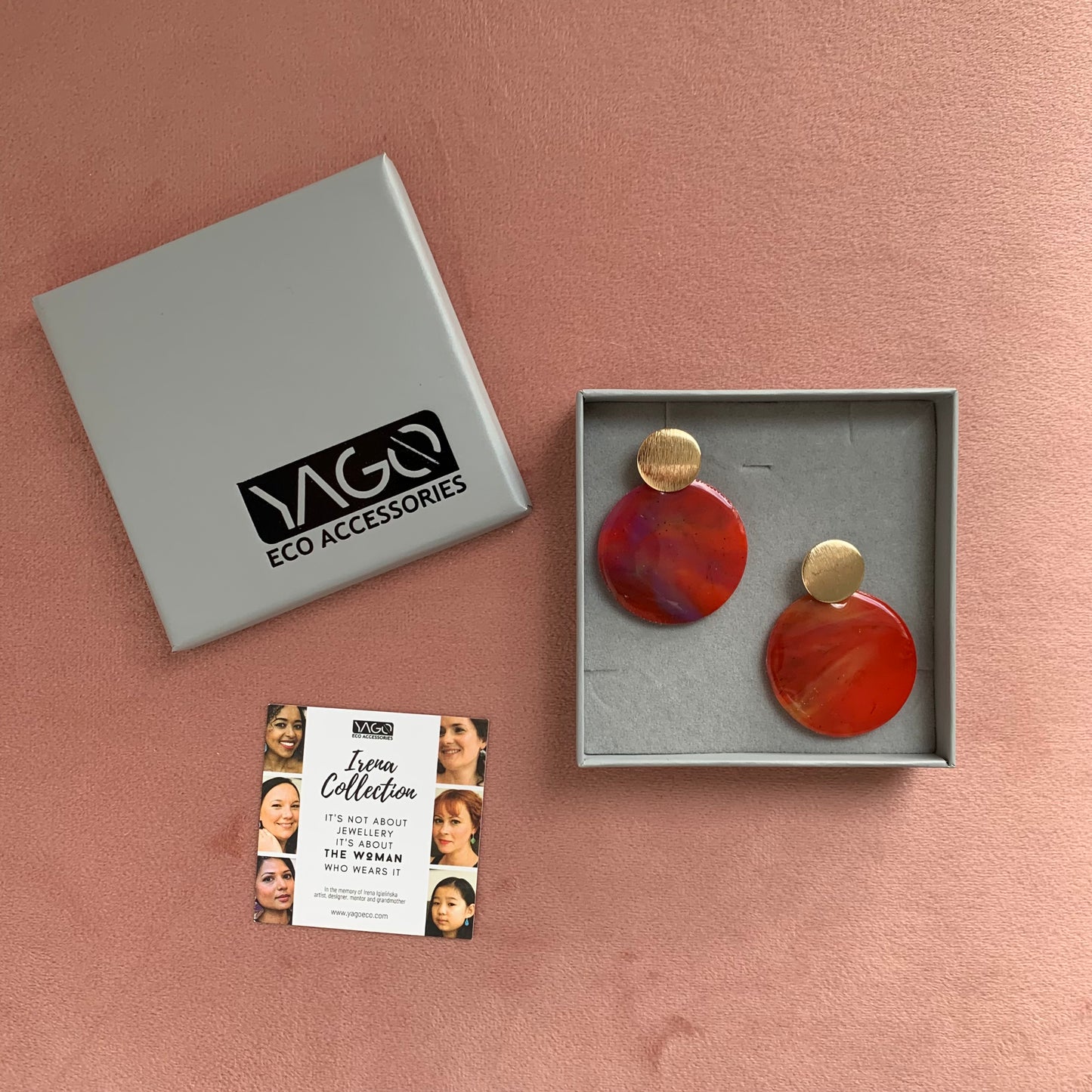 Red large studs recycled plastic handmade London earrings by Jagoda Jay Sudak Keshani