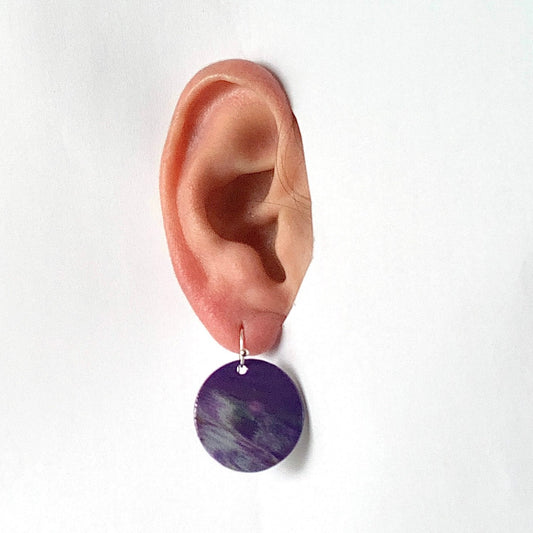 Rectangle dangling drop earrings handmade from recycled plastic purple silver yellow pink artesian eco friendly crocuses