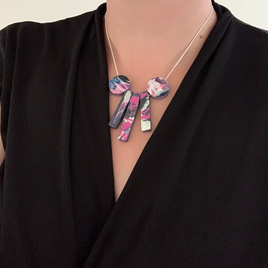Pink geometric necklace from recycled bottle tops carrier bags eco fashion sustainable silver