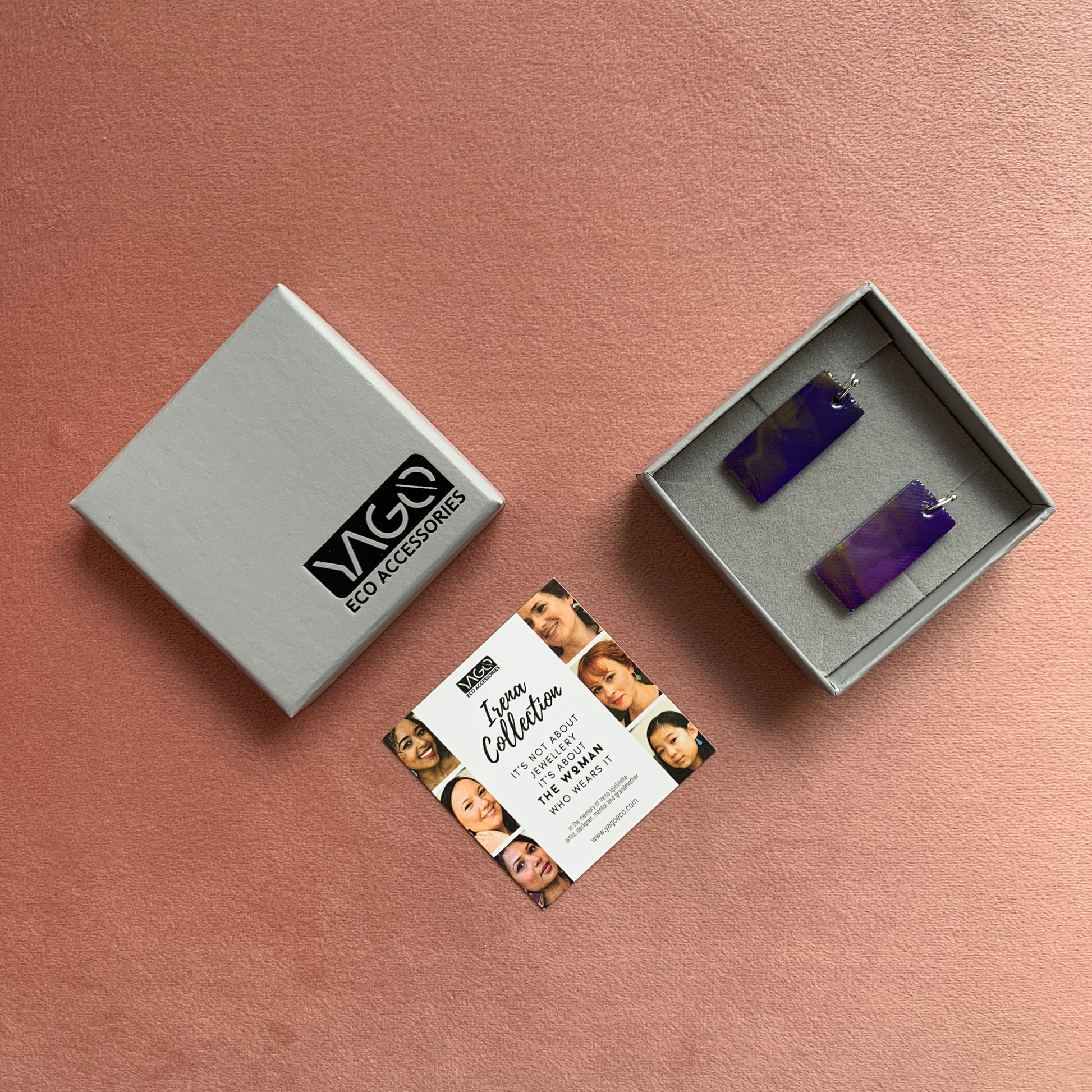 Rectangle dangling drop earrings handmade from recycled plastic purple silver yellow pink artesian eco friendly