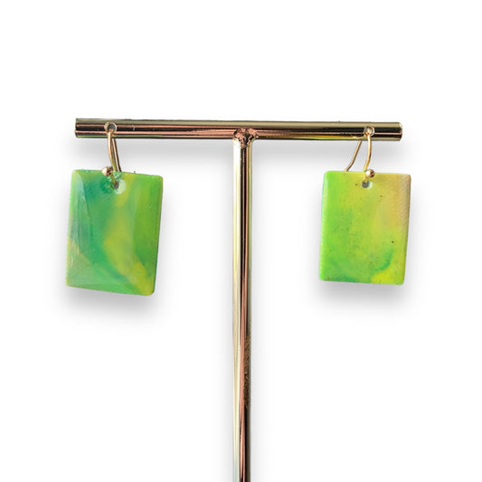 Rectangle dangling drop earrings handmade from recycled plastic light green yellow gold artesian eco friendly crocuses