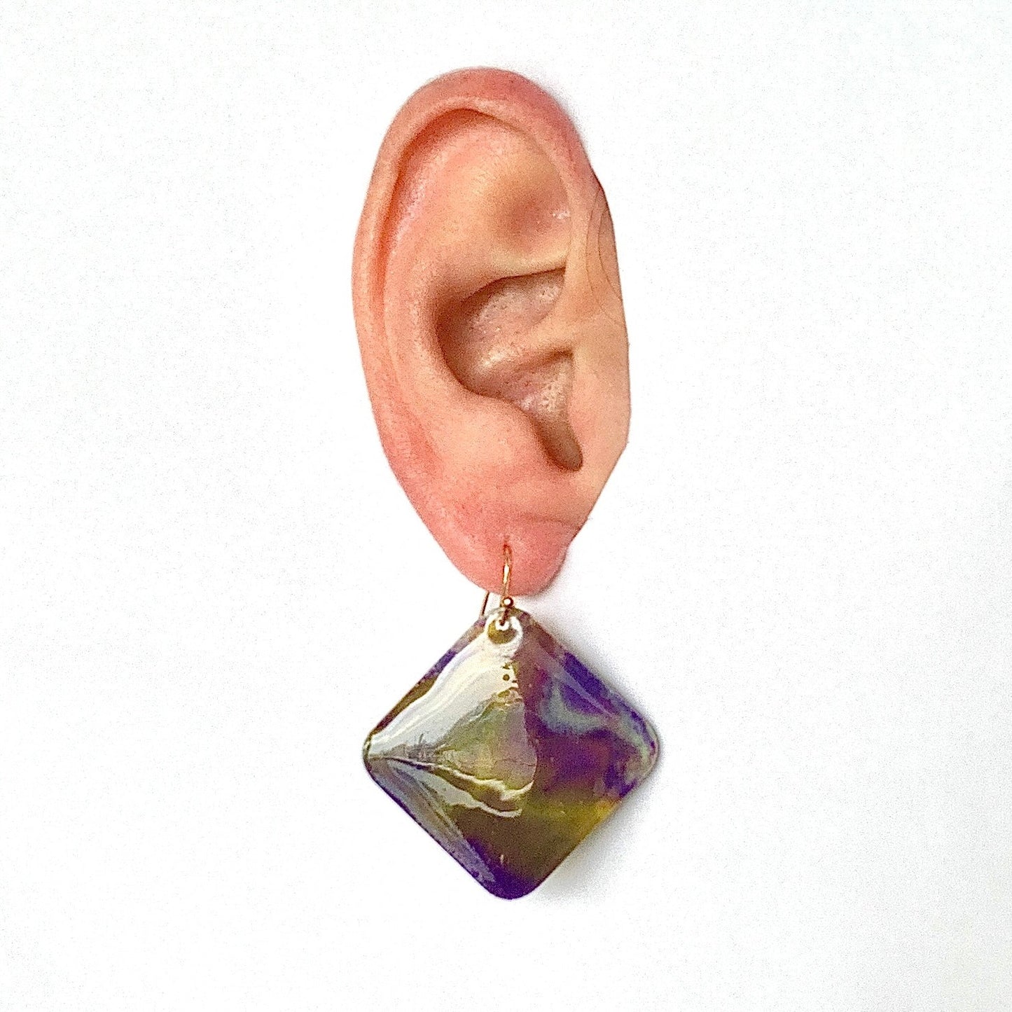 square diamond earrings dangling drop earrings handmade from recycled plastic purple gold yellow artesian eco friendly crocuses