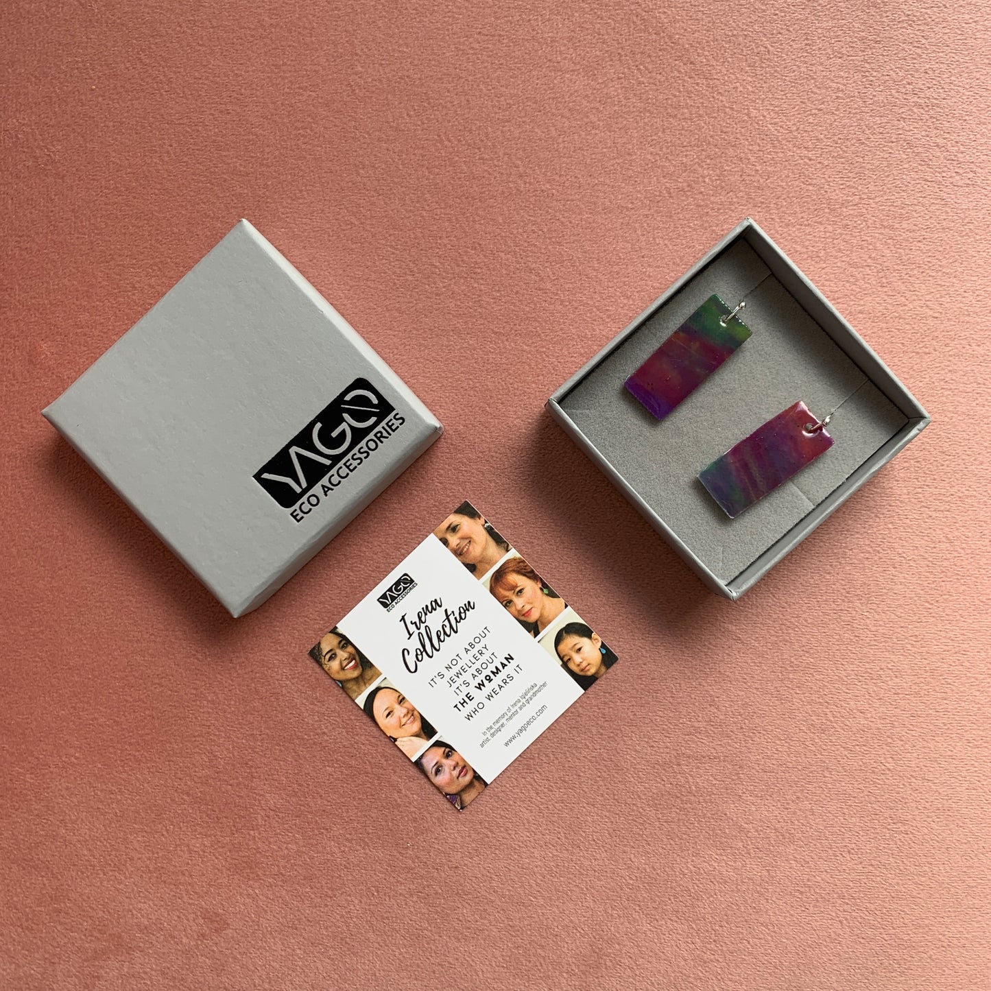 Rectangle dangling drop earrings handmade from recycled plastic purple silver yellow pink artesian eco friendly crocuses