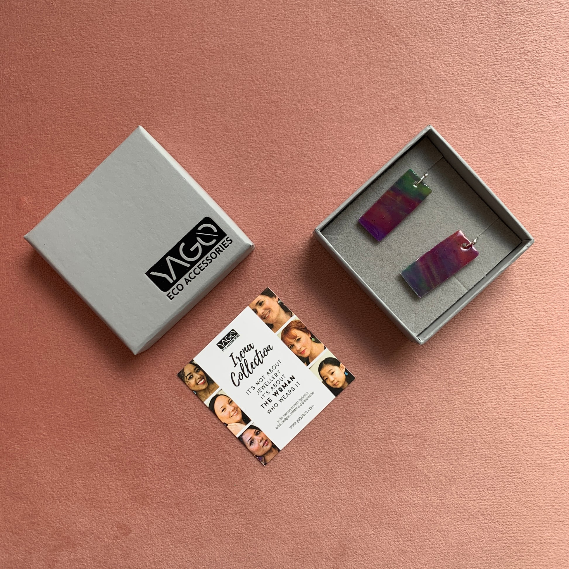 Rectangle dangling drop earrings handmade from recycled plastic purple silver yellow pink artesian eco friendly crocuses