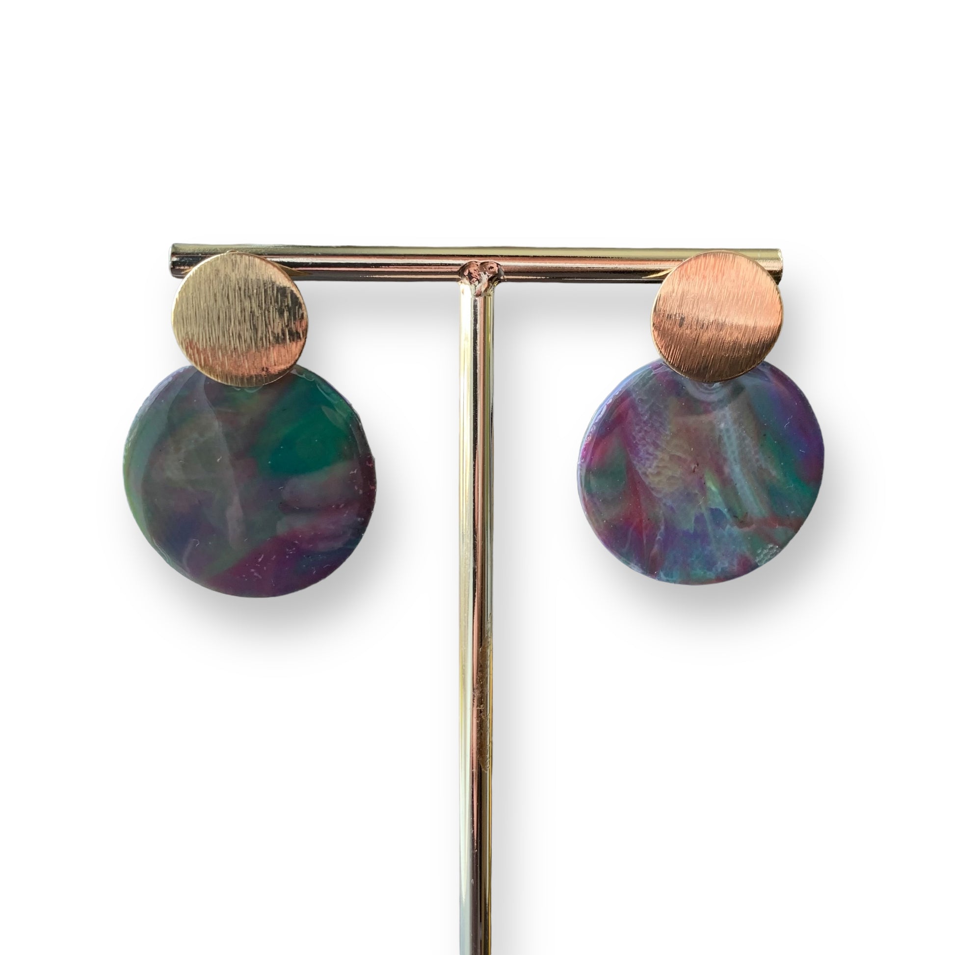 Tulips dark round earrings from recycled plastic bottle tops Recycled plastic jewellery & eco artwork by Jagoda Jay Sudak Keshani handmade in London
