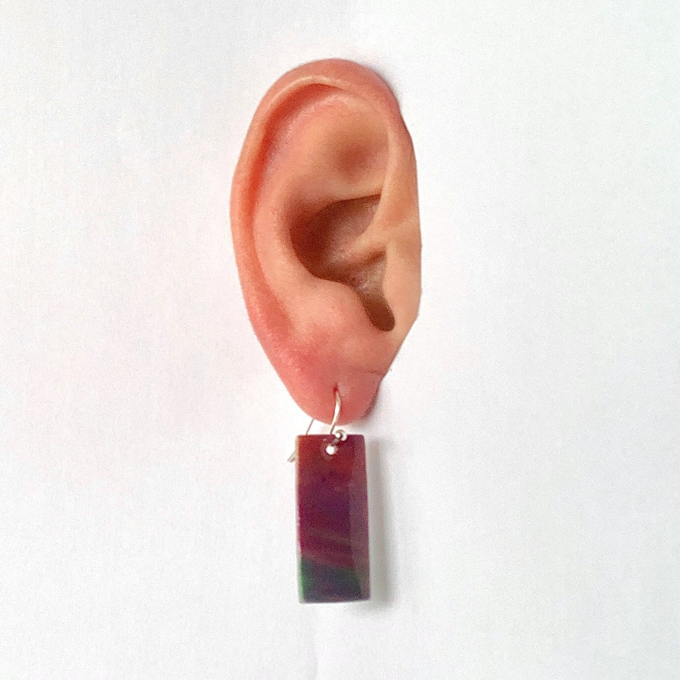 Rectangle dangling drop earrings handmade from recycled plastic purple silver yellow pink artesian eco friendly crocuses