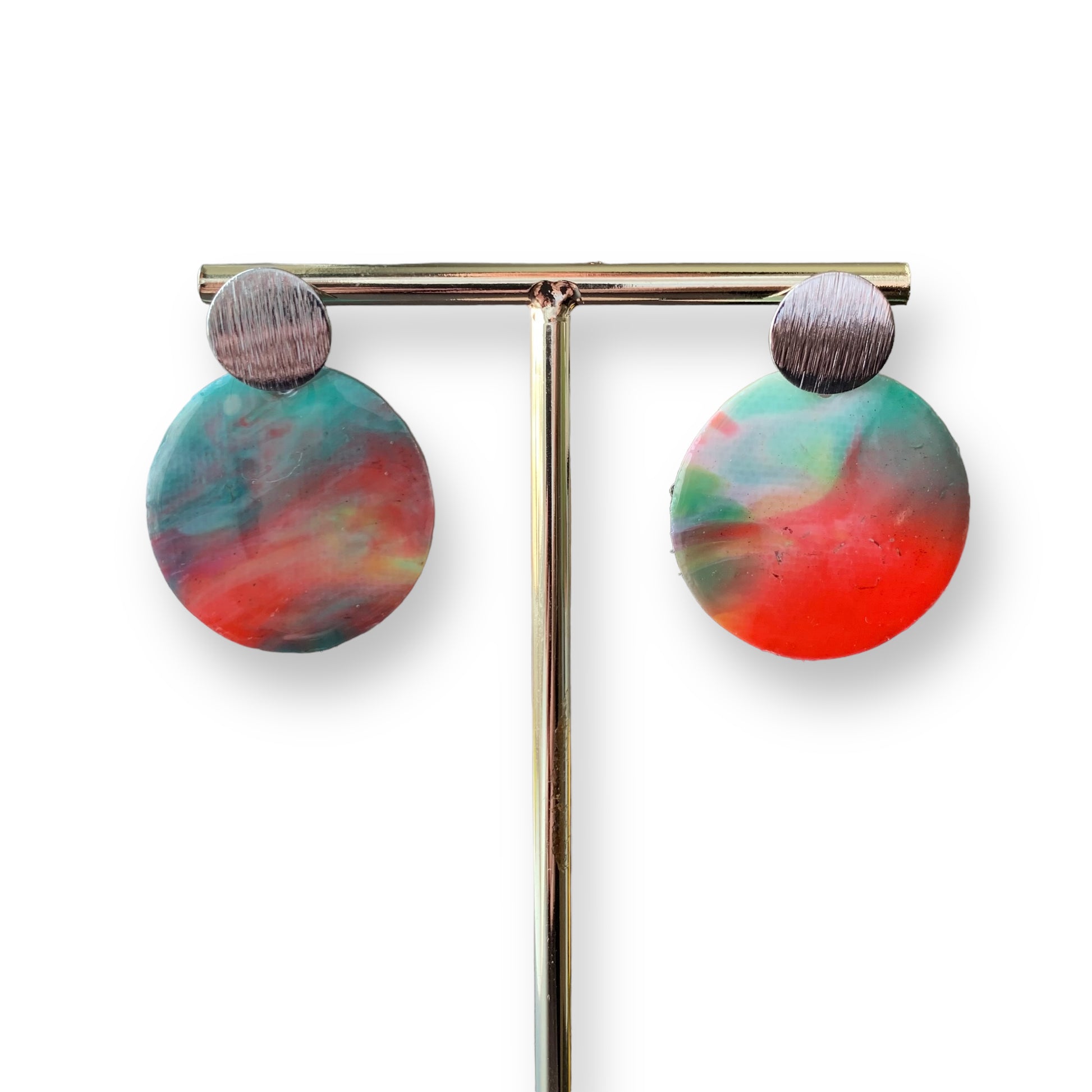 Recycled plastic red earrings silver studs handmade in London Recycled plastic jewellery & eco artwork by Jagoda Jay Sudak Keshani handmade in London