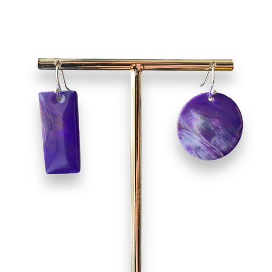 Rectangle dangling drop earrings handmade from recycled plastic purple silver yellow pink artesian eco friendly crocuses