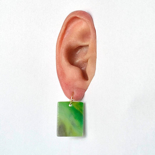 Rectangle dangling drop earrings handmade from recycled plastic light green gold artesian eco friendly crocuses