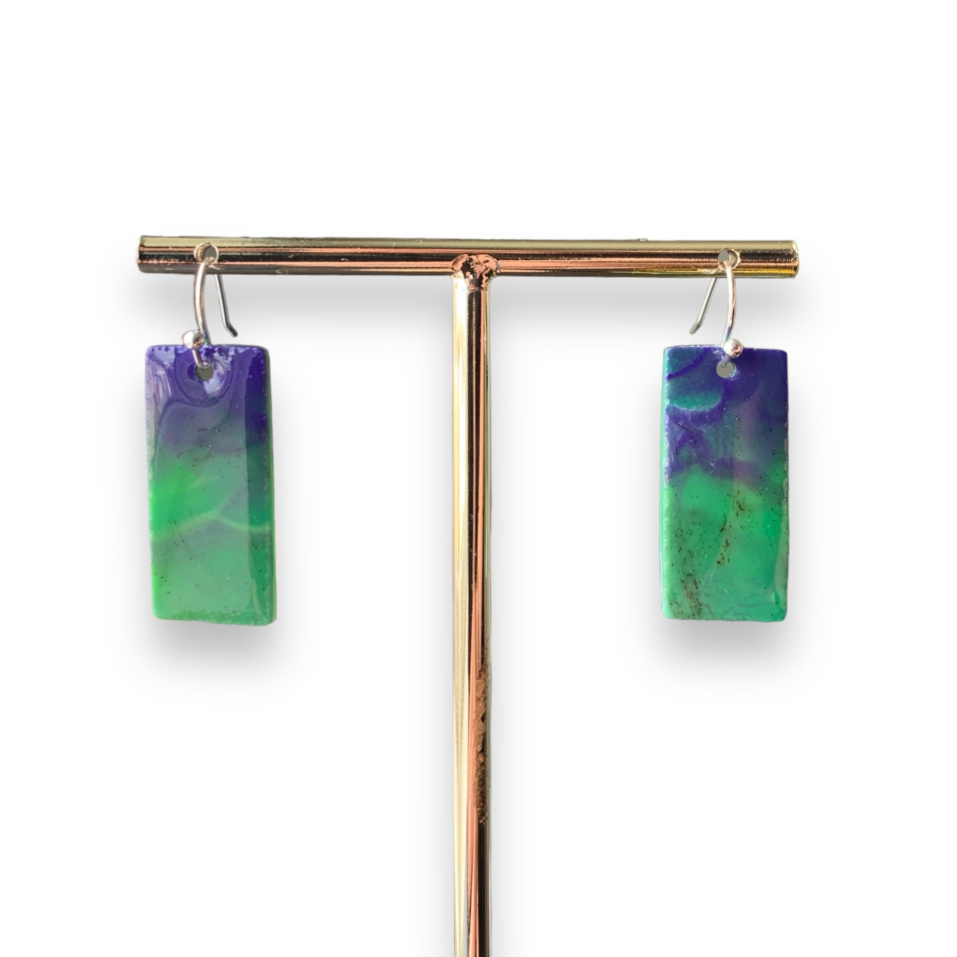 Rectangle dangling drop earrings handmade from recycled plastic purple silver yellow pink artesian eco friendly crocuses