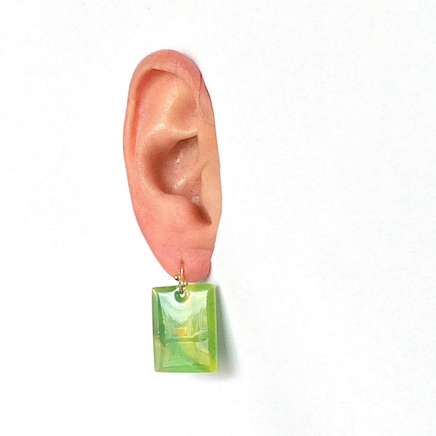 Rectangle dangling drop earrings handmade from recycled plastic light green yellow gold artesian eco friendly crocuses