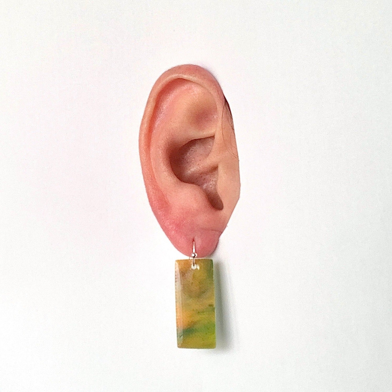 Rectangle dangling drop earrings handmade from recycled plastic silver yellow artesian eco friendly crocuses