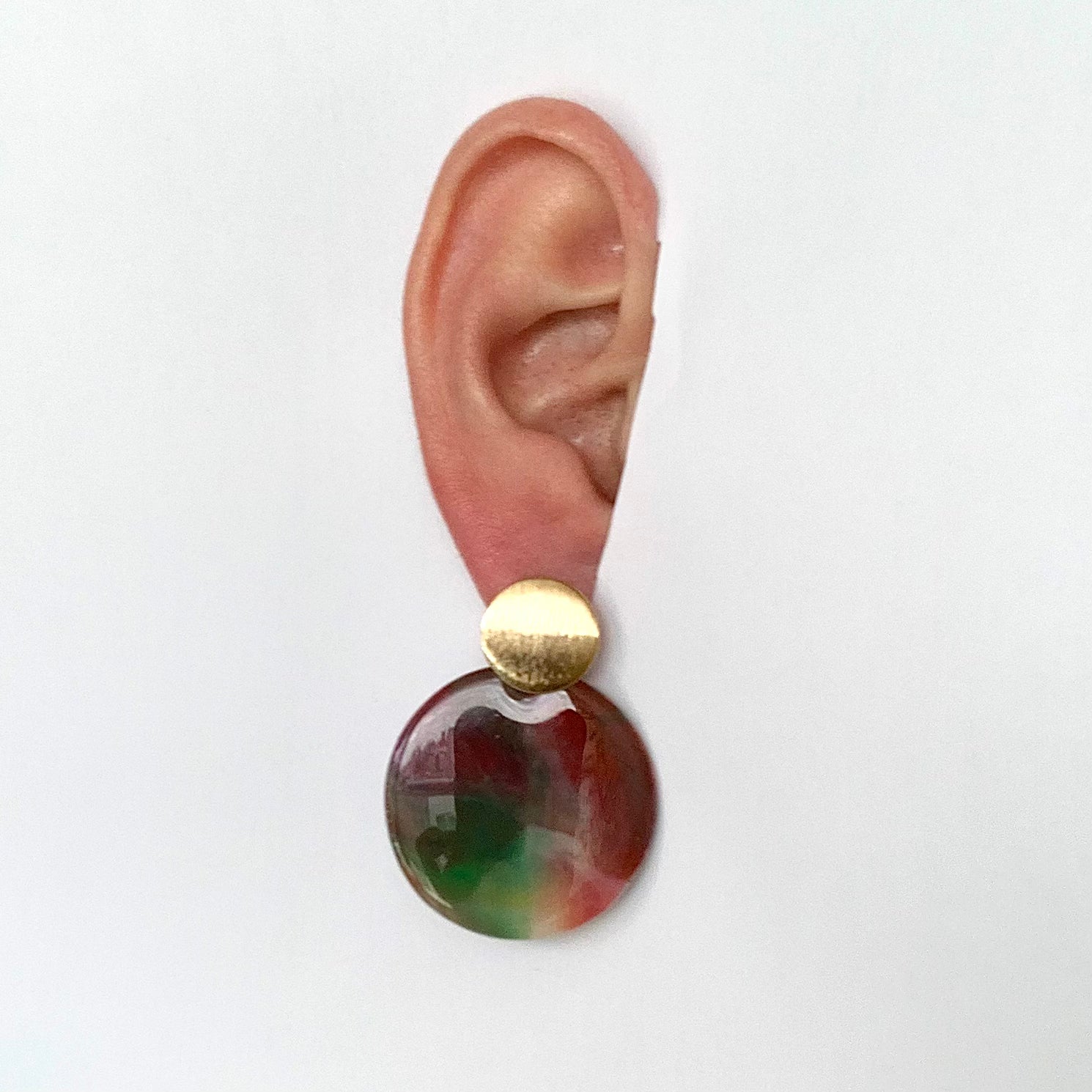 Handmade earrings from recycled bottle tops red green gold studs Recycled plastic jewellery & artwork handmade in London