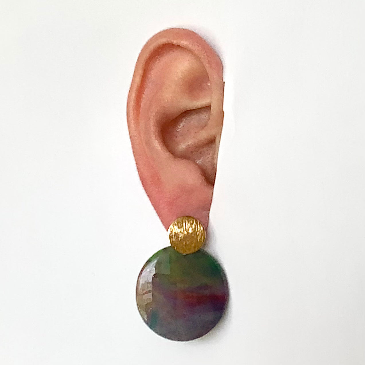 Tulips plastic bottle tops earrings green purple pink Recycled plastic jewellery & eco artwork by Jagoda Jay Sudak Keshani handmade in London