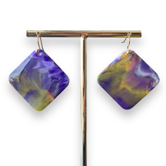 square diamond earrings dangling drop earrings handmade from recycled plastic purple gold yellow artesian eco friendly crocuses