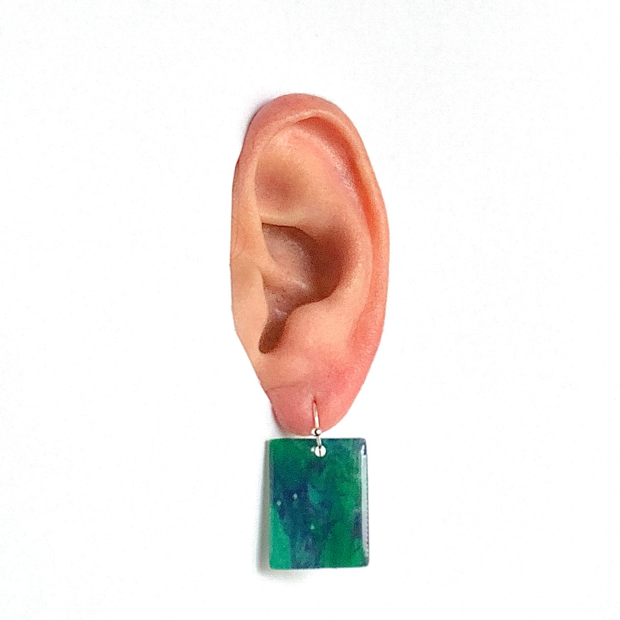Rectangle dangling drop earrings handmade from recycled plastic dark green silver artesian eco friendly crocuses