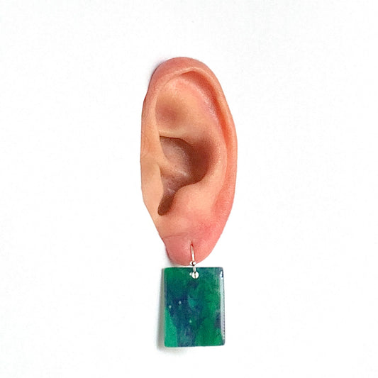 Rectangle dangling drop earrings handmade from recycled plastic dark green silver artesian eco friendly crocuses