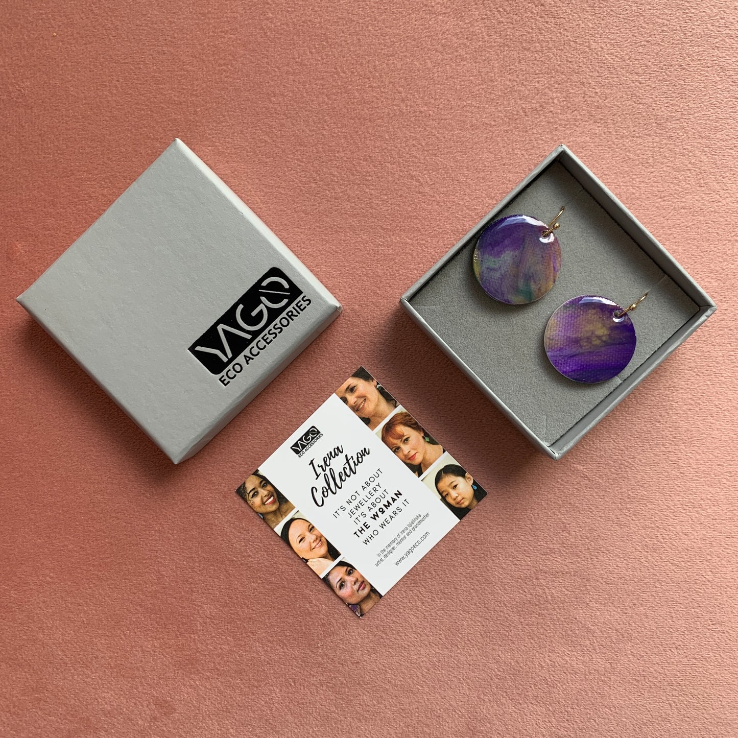Circle dangling drop earrings handmade from recycled plastic purple silver yellow pink artesian eco friendly crocuses