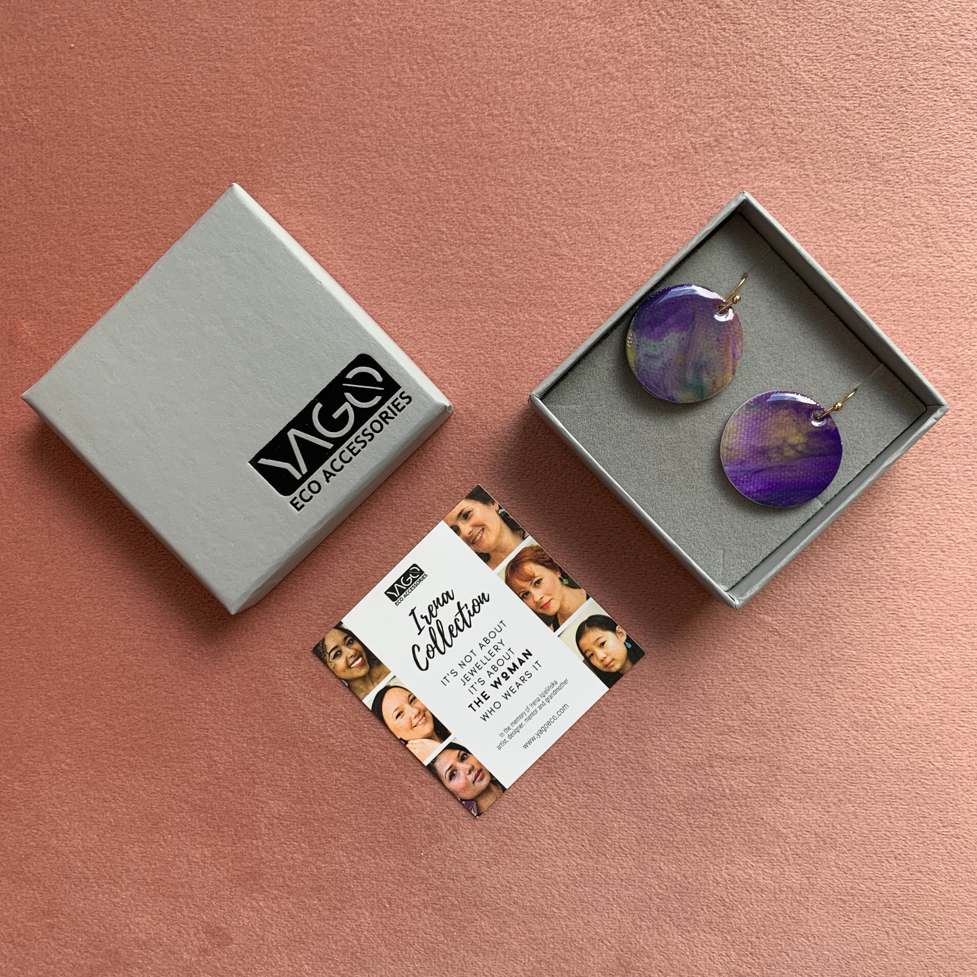 Circle dangling drop earrings handmade from recycled plastic purple silver yellow pink artesian eco friendly crocuses