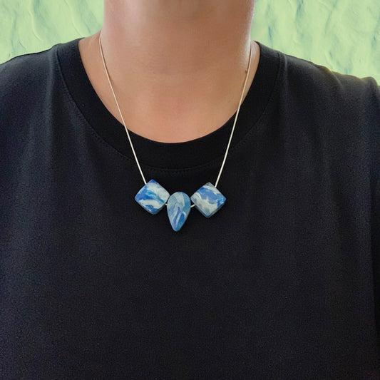 Blue necklace made from recycled plastic silver snake chain handmade in London perfect gift award 2023