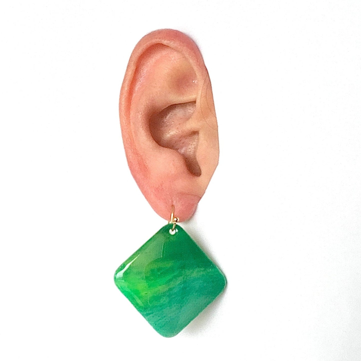 square diamond earrings dangling drop earrings handmade from recycled plastic gold light green artesian eco friendly crocuses