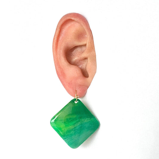 square diamond earrings dangling drop earrings handmade from recycled plastic gold light green artesian eco friendly crocuses