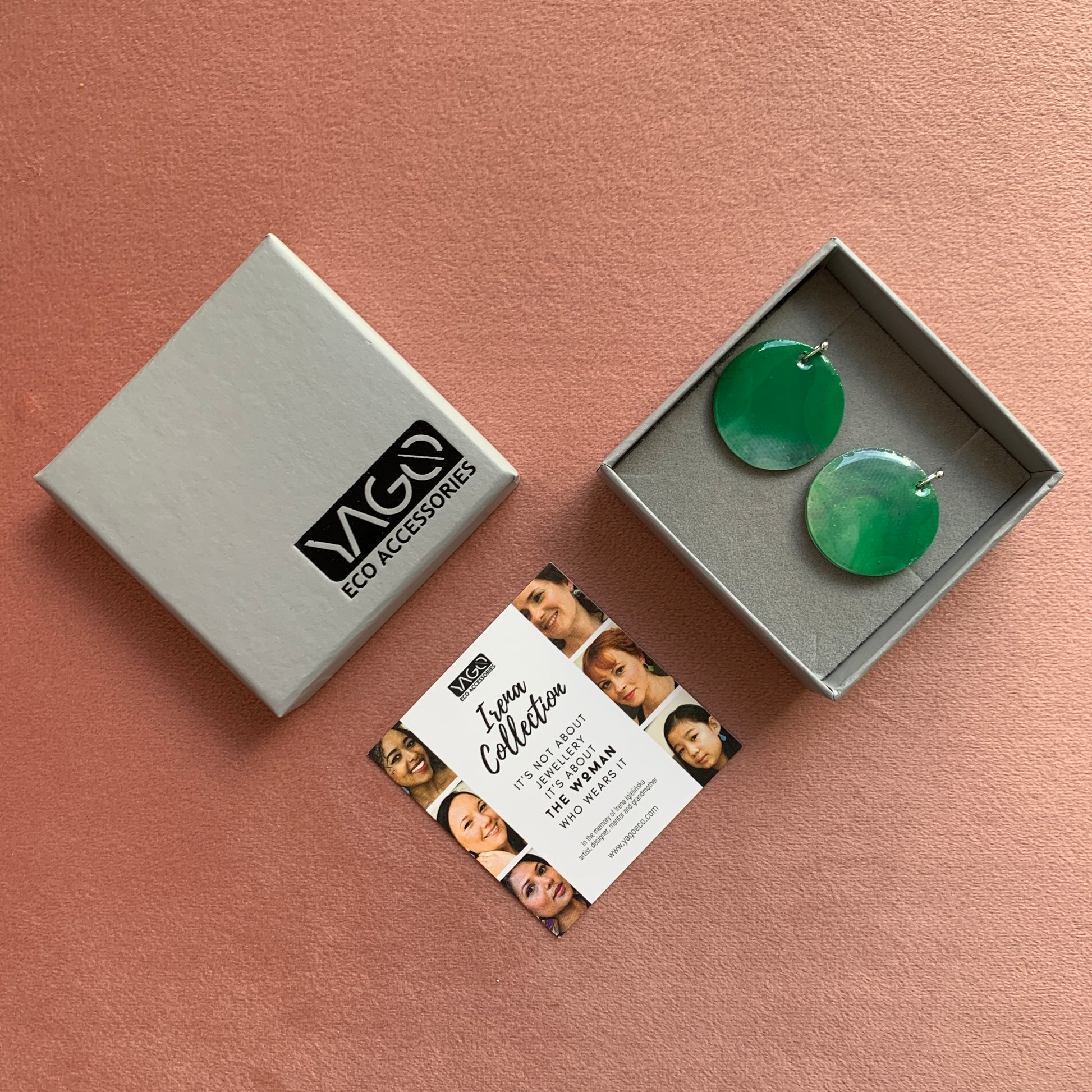 Circle dangling drop earrings handmade from recycled plastic dark green artesian eco friendly crocuses