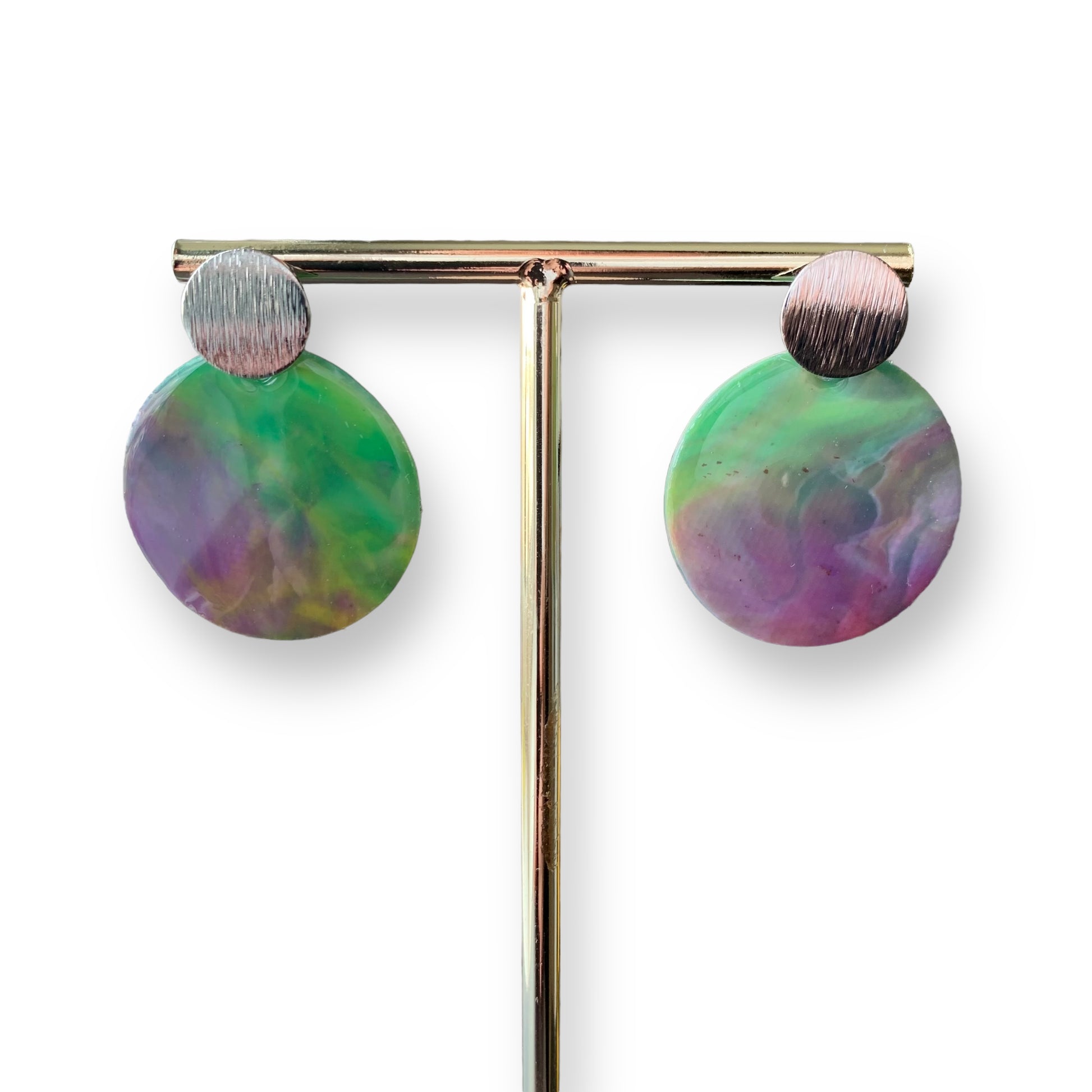 Green purple earrings from recycled plastic bottle tops silver studs circle handmade Recycled plastic jewellery & eco artwork by Jagoda Jay Sudak Keshani handmade in London