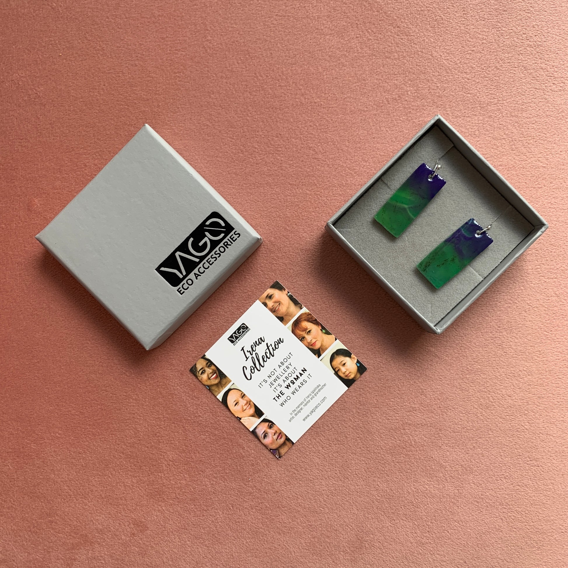 Rectangle dangling drop earrings handmade from recycled plastic purple silver yellow pink artesian eco friendly crocuses