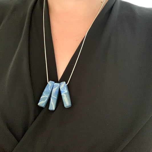 Blue bar necklace from recycled bottle tops carrier bags eco fashion sustainable silver