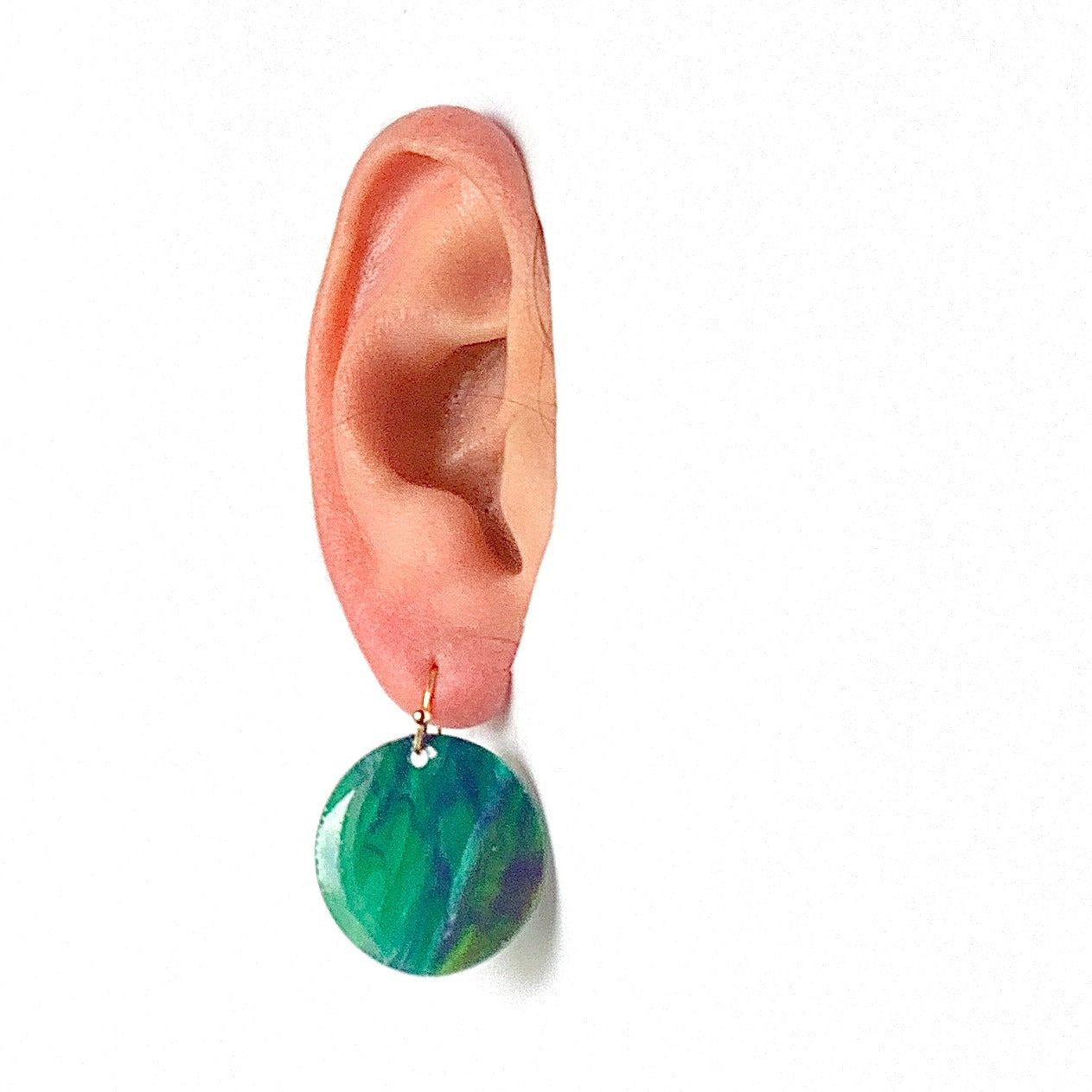 Circle dangling drop earrings handmade from recycled plastic dark green gold artesian eco friendly crocuses