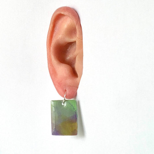 Rectangle dangling drop earrings handmade from recycled plastic light green silver artesian eco friendly crocuses