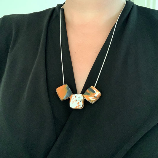 Orange bar necklace from recycled bottle tops carrier bags eco fashion sustainable silver