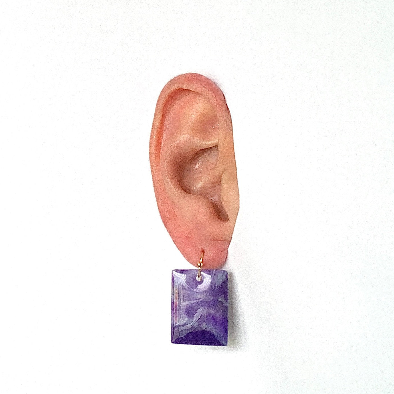 Rectangle dangling drop earrings handmade from recycled plastic purple gold artesian eco friendly crocuses