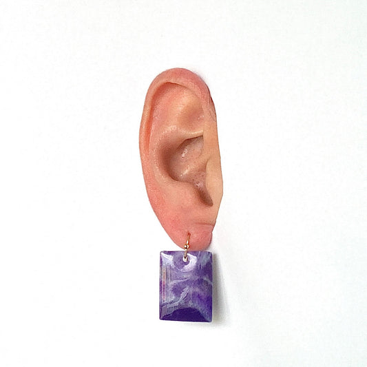 Rectangle dangling drop earrings handmade from recycled plastic purple gold artesian eco friendly crocuses