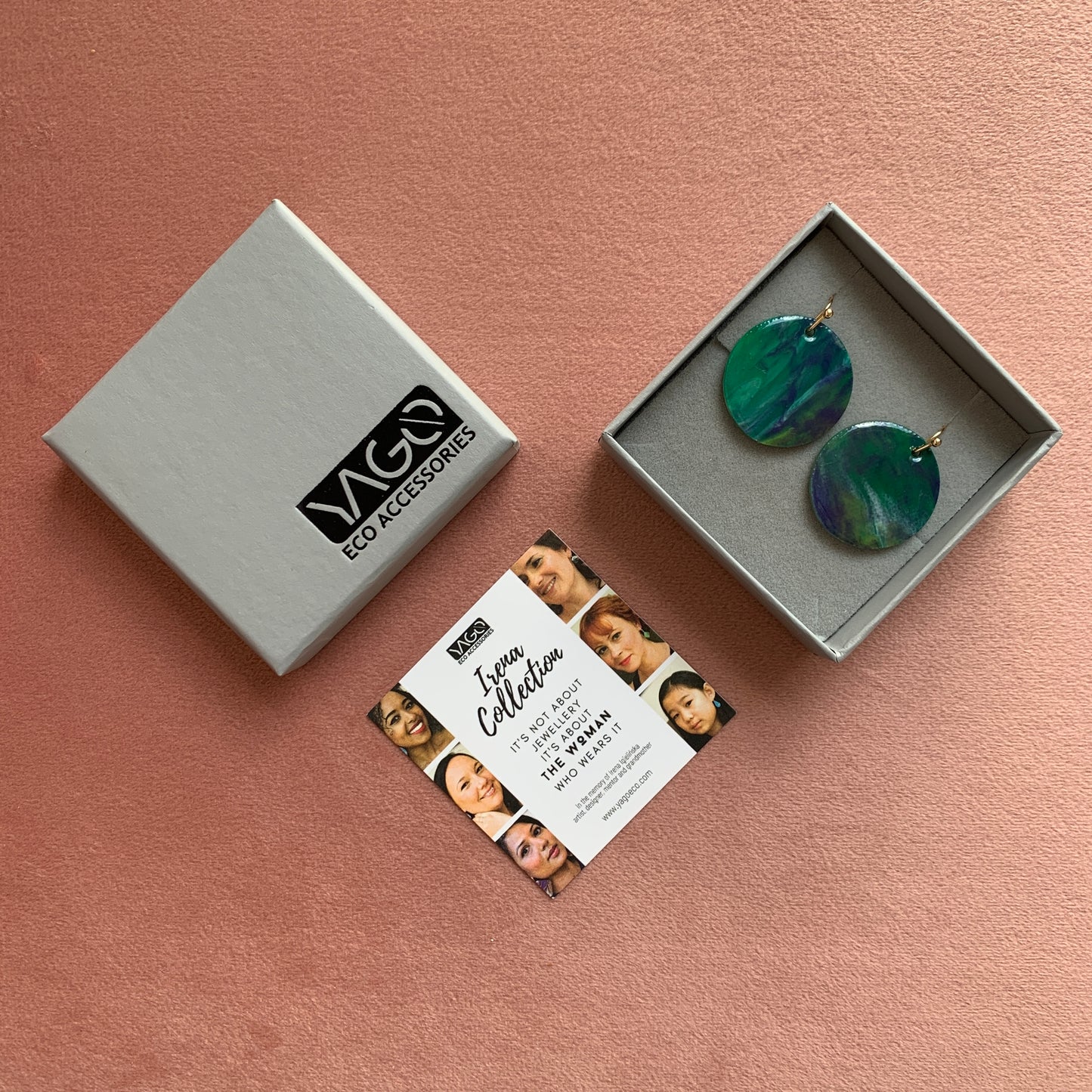 Circle dangling drop earrings handmade from recycled plastic dark green gold artesian eco friendly crocuses