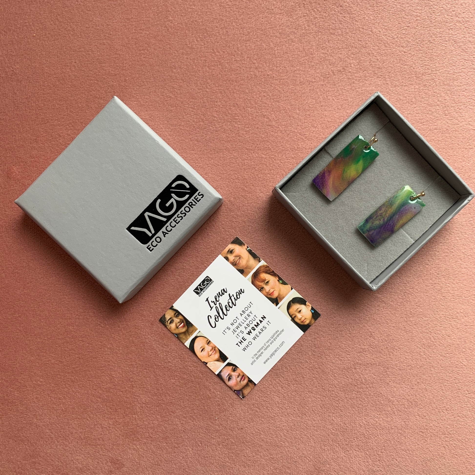 Rectangle dangling drop earrings handmade from recycled plastic purple silver yellow pink artesian eco friendly crocuses