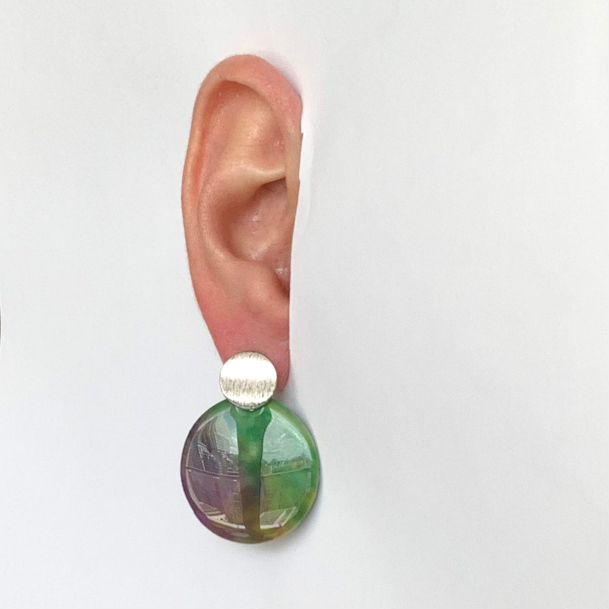 Green purple earrings from recycled plastic bottle tops silver studs circle handmade