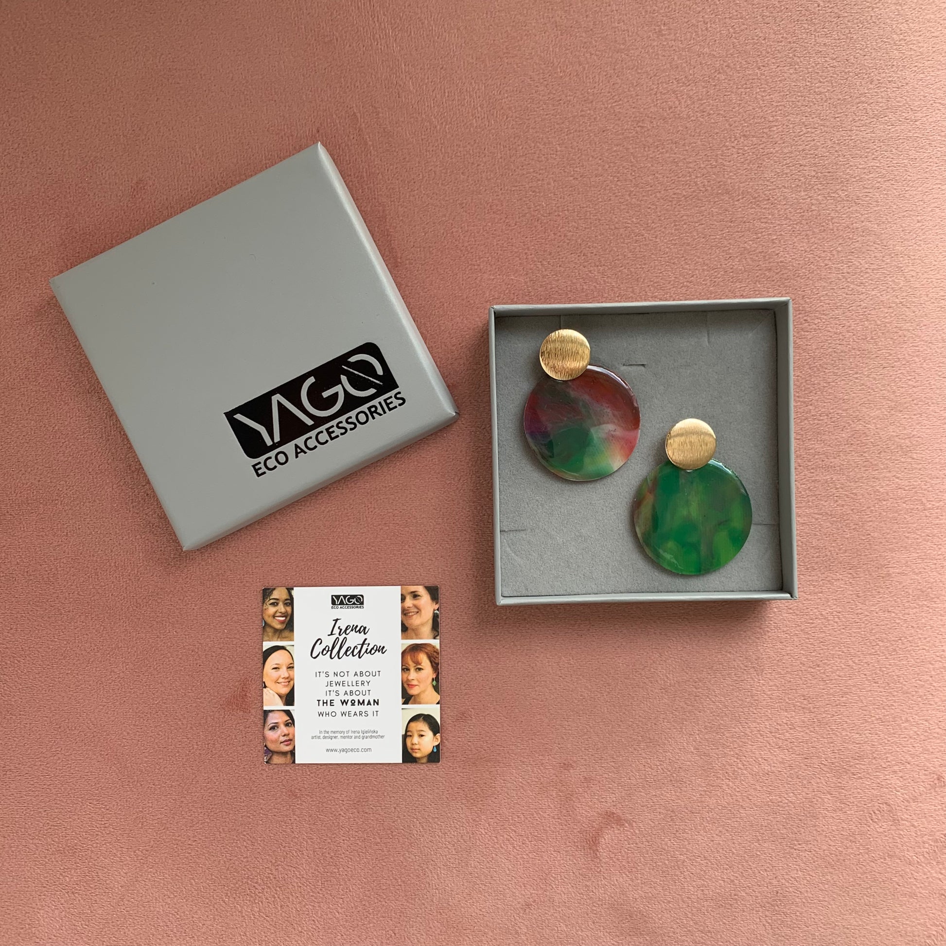 Handmade earrings from recycled bottle tops red green gold studs Recycled plastic jewellery & artwork handmade in London