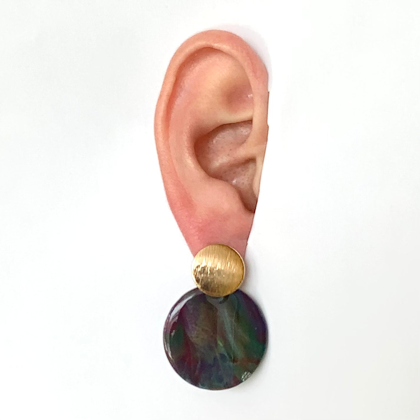Tulips dark round earrings from recycled plastic bottle tops Recycled plastic jewellery & eco artwork by Jagoda Jay Sudak Keshani handmade in London