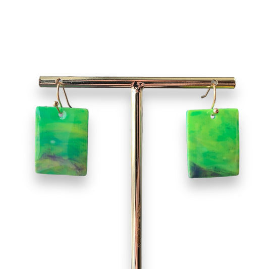 Rectangle dangling drop earrings handmade from recycled plastic light green gold artesian eco friendly crocuses
