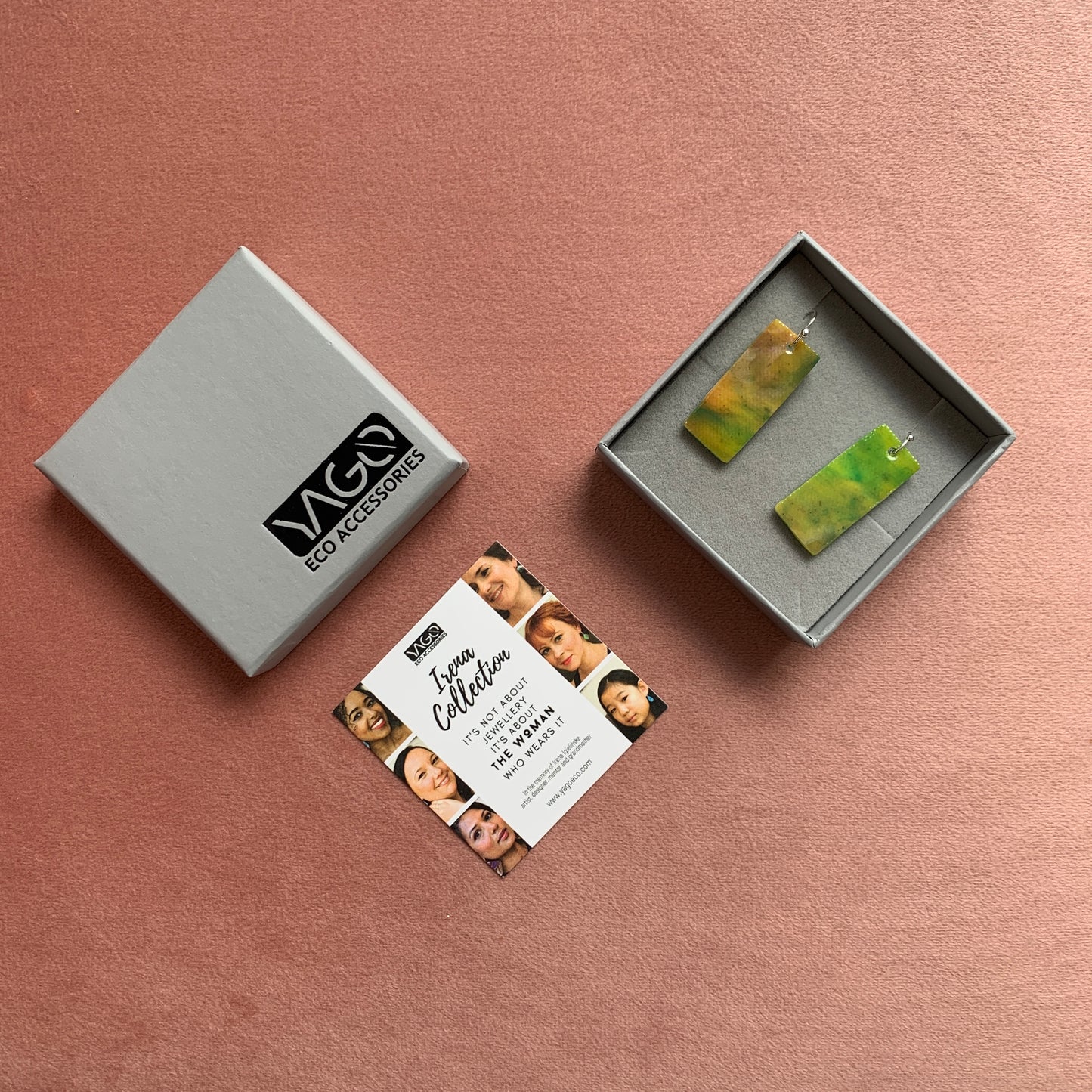 Rectangle dangling drop earrings handmade from recycled plastic silver yellow artesian eco friendly crocuses