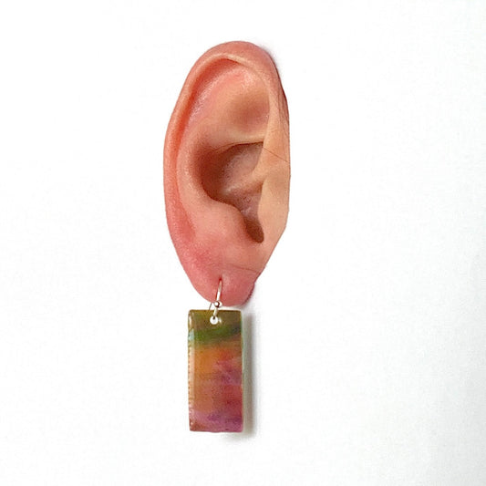 Rectangle dangling drop earrings handmade from recycled plastic purple silver yellow pink artesian eco friendly crocuses
