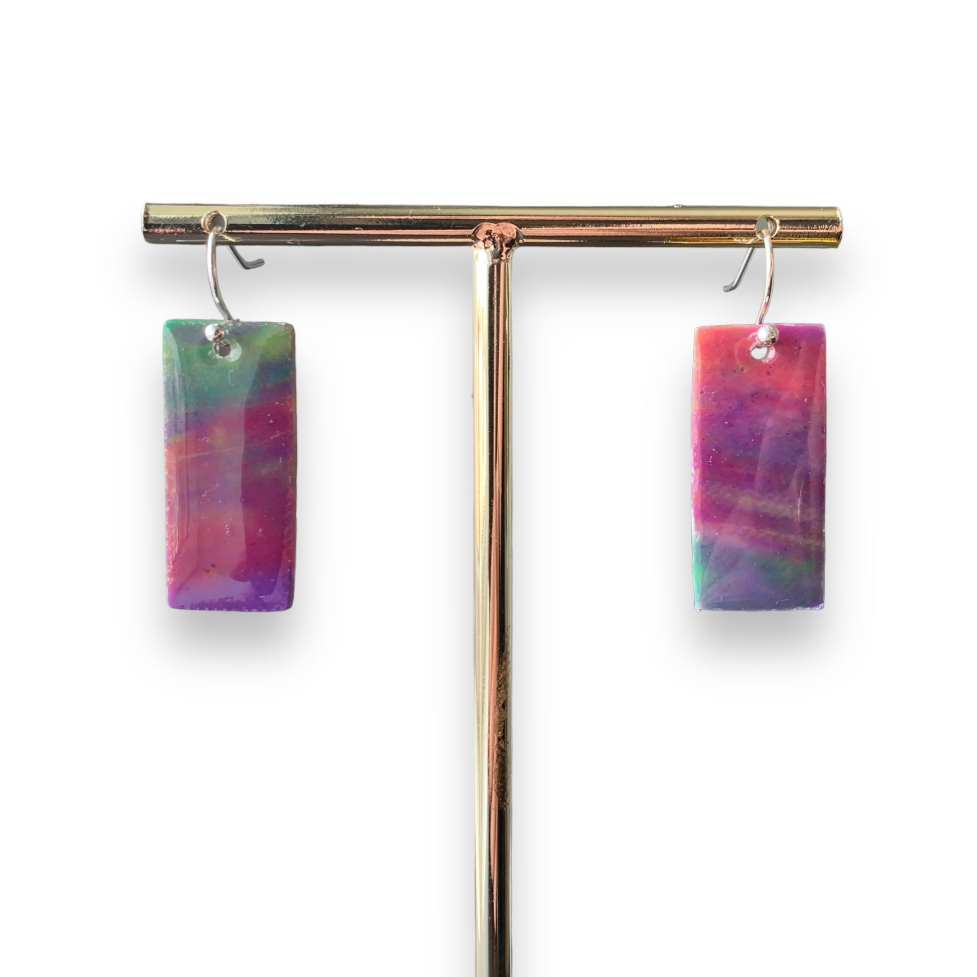 Rectangle dangling drop earrings handmade from recycled plastic purple silver yellow pink artesian eco friendly crocuses