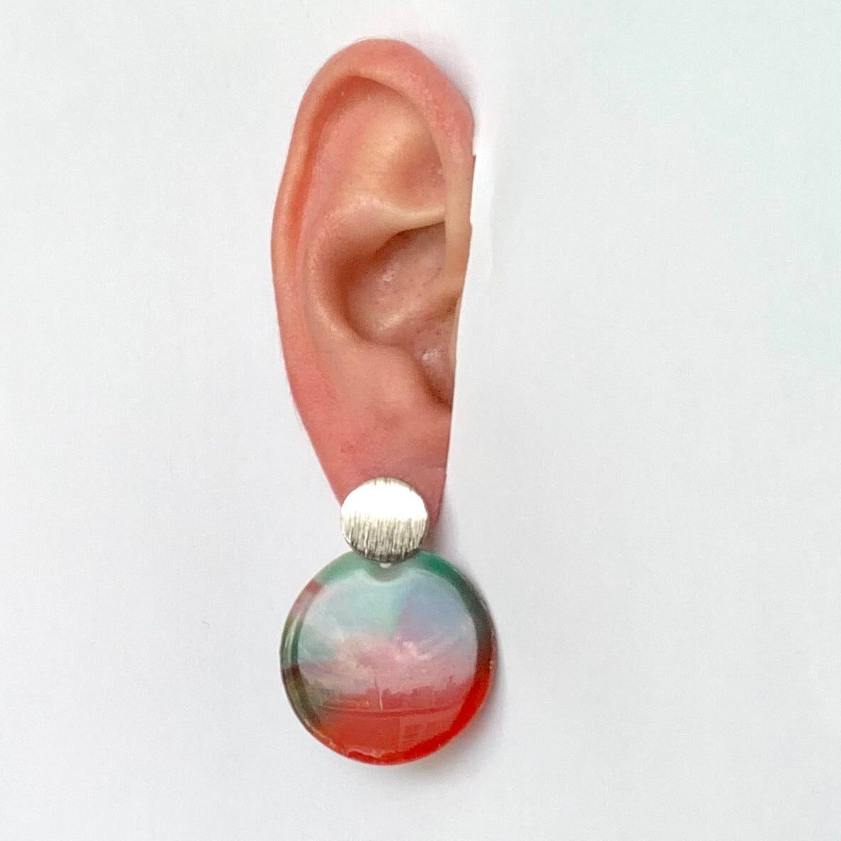 Recycled plastic red earrings silver studs handmade in London Recycled plastic jewellery & eco artwork by Jagoda Jay Sudak Keshani handmade in London