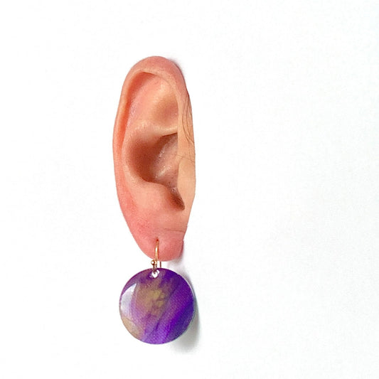 Circle dangling drop earrings handmade from recycled plastic purple silver yellow pink artesian eco friendly crocuses