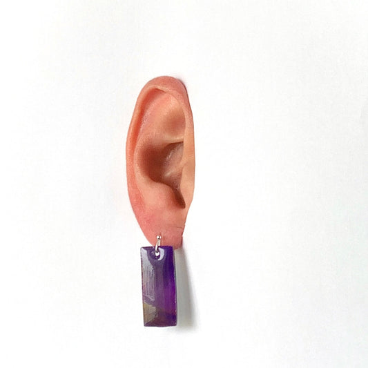 Rectangle dangling drop earrings handmade from recycled plastic purple silver yellow pink artesian eco friendly